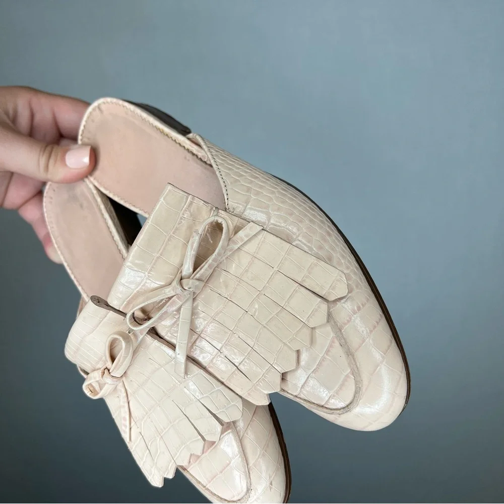 J. Crew | Nude Cream Suede Mules‎ with Fringe 5 Heeled Kiltie penny academy